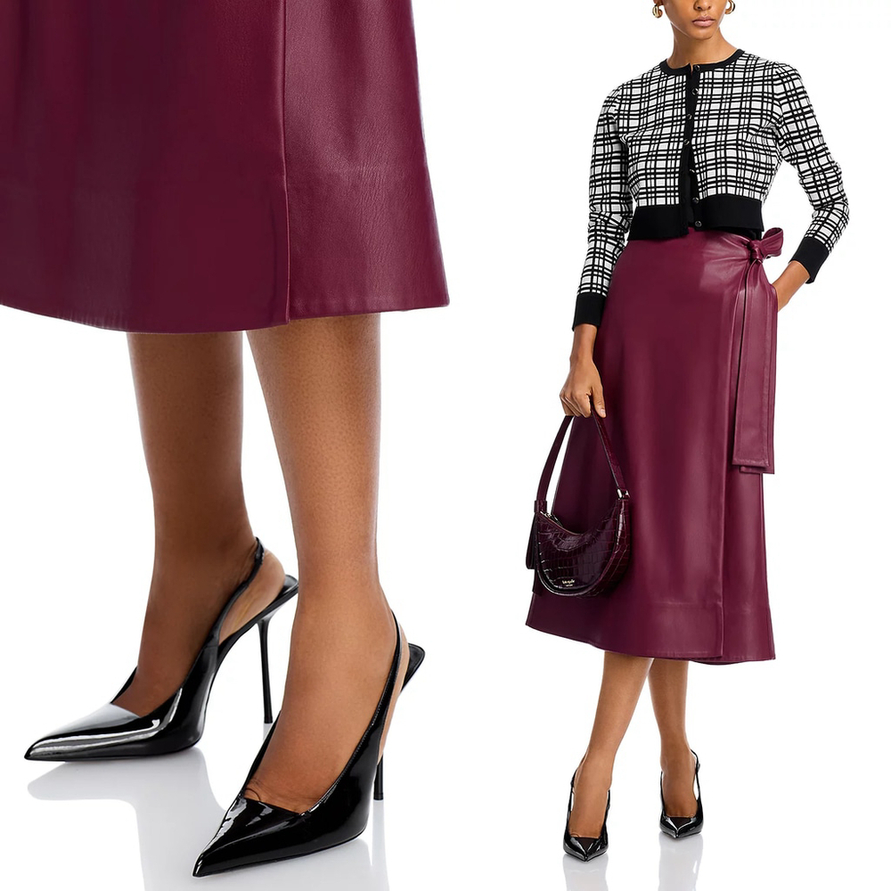 NWT TOCCIN Beatrice Wrap Midi Skirt Faux leather Burgundy $425 - Size 10 / L - Picture 9 of 10